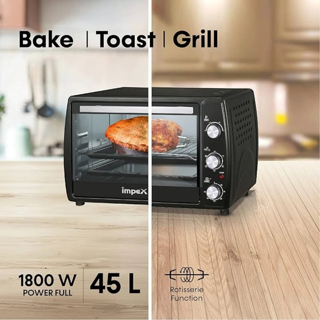 Impex 45L Electric Oven Toaster Griller with Convection, Rotisserie, 6 Heating Modes, 1800W Power, Adjustable Temperature & Timer – OV 2902 – Black - Damoo