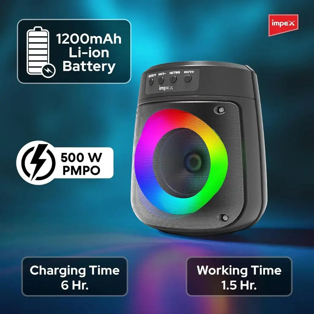 Impex 500W Bluetooth Speaker with Mic & RGB Light – 4" Wireless Portable Speaker | 1200mAh Battery, USB/SD/AUX/FM/TWS | Type-C Charging – TS 1106 Black - Damoo
