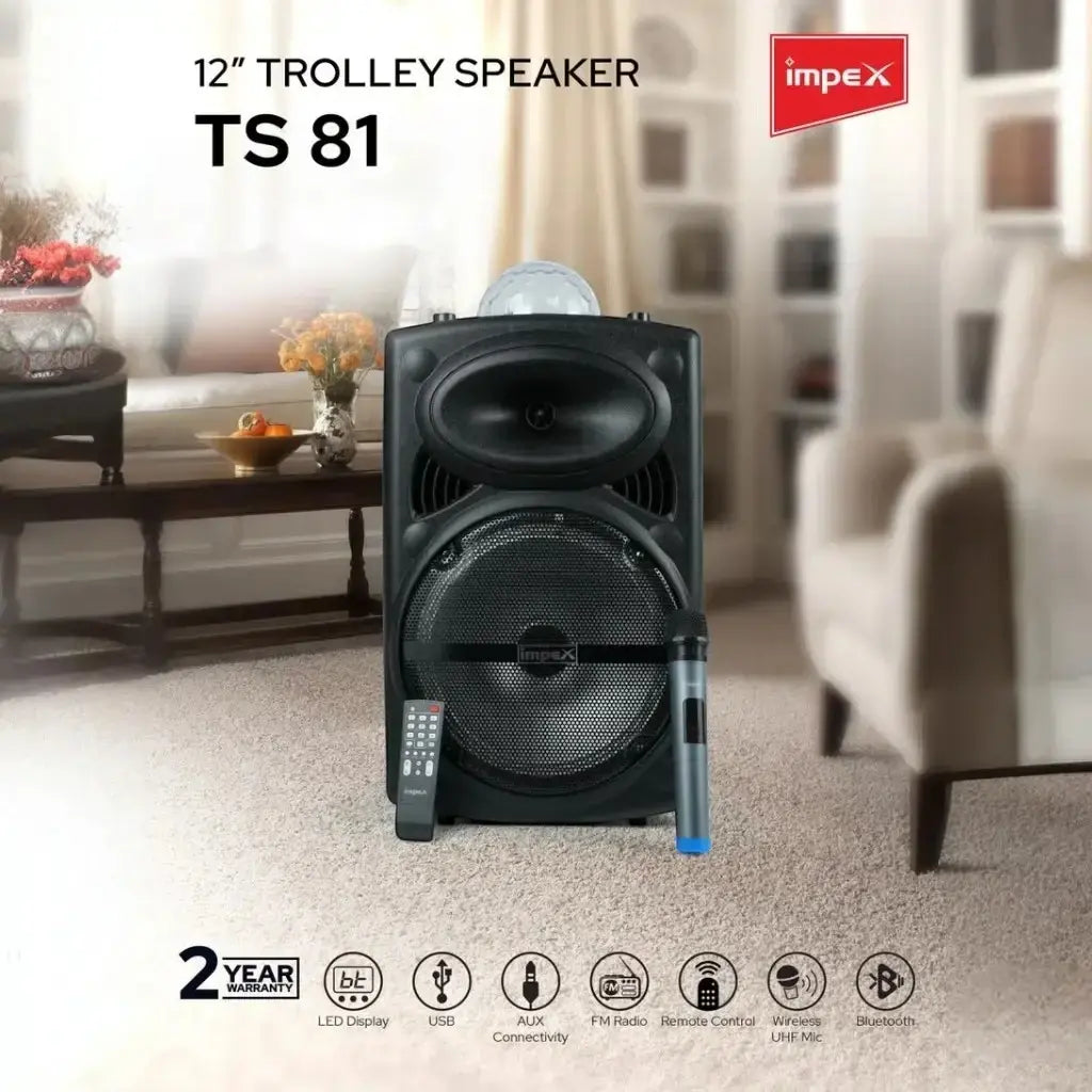 Impex 50W RMS Trolley Bluetooth Speaker with 12” Woofer, Wireless Mic, LED Lights, USB/TF/FM/AUX, Remote Control – 2300W PMPO Portable Party Speaker - TS 81 - Damoo