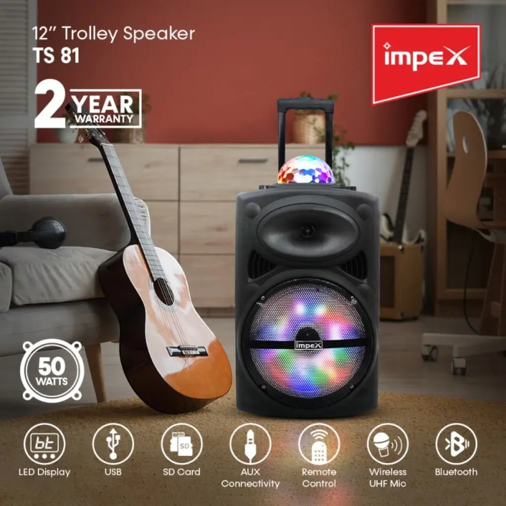Impex 50W RMS Trolley Bluetooth Speaker with 12” Woofer, Wireless Mic, LED Lights, USB/TF/FM/AUX, Remote Control – 2300W PMPO Portable Party Speaker - TS 81 - Damoo