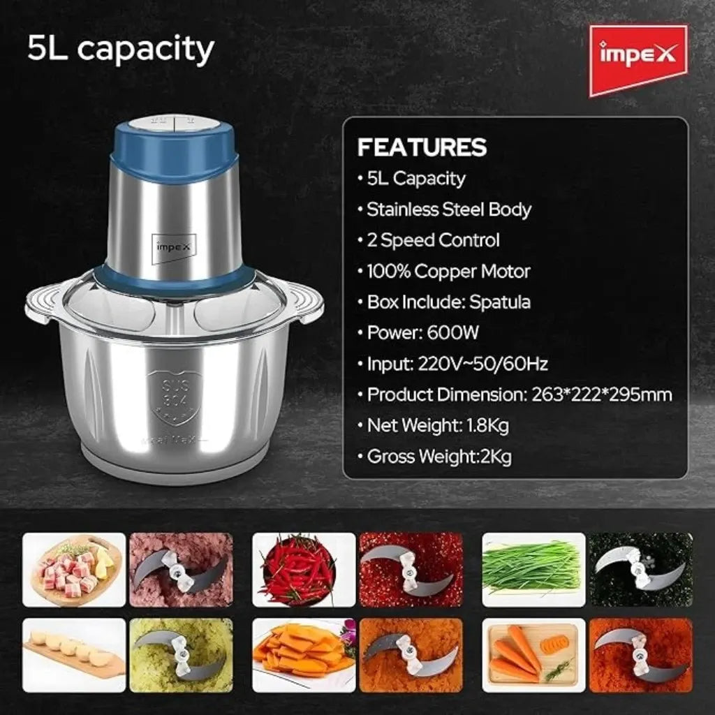 Impex 5L Electric Food Chopper – 600W Meat Grinder with 6 Stainless Steel Blades, 2 Speed Settings & Stainless Steel Body – Multi Food Processor for Meat, Vegetables, Fruits & Nuts - FC 3202 - Damoo