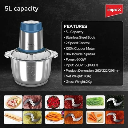 Impex 5L Electric Food Chopper – 600W Meat Grinder with 6 Stainless Steel Blades, 2 Speed Settings & Stainless Steel Body – Multi Food Processor for Meat, Vegetables, Fruits & Nuts - FC 3202 - Damoo