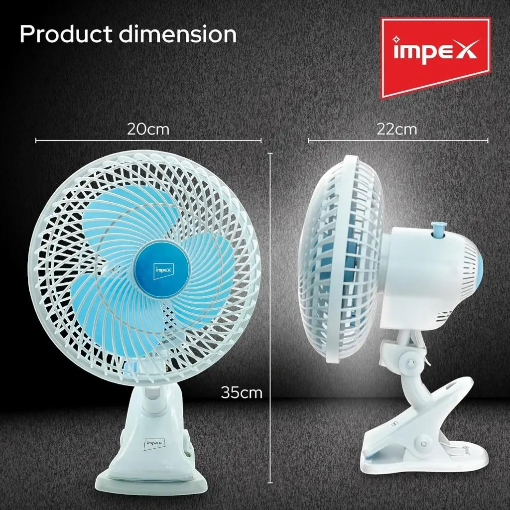 Impex 8-Inch Table & Clip Fan – 2 Speed Settings, 90° Oscillation, Adjustable Pitch Angle, 30W Portable Desk Fan for Home, Office, Travel - CF 01 - Damoo