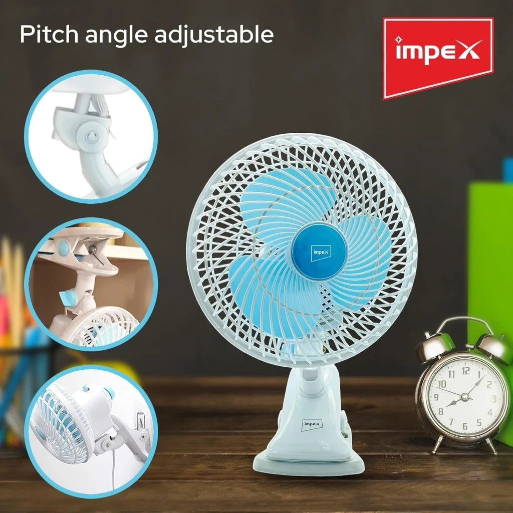 Impex 8-Inch Table & Clip Fan – 2 Speed Settings, 90° Oscillation, Adjustable Pitch Angle, 30W Portable Desk Fan for Home, Office, Travel - CF 01 - Damoo