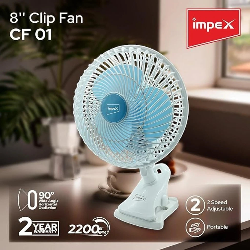Impex 8-Inch Table & Clip Fan – 2 Speed Settings, 90° Oscillation, Adjustable Pitch Angle, 30W Portable Desk Fan for Home, Office, Travel - CF 01 - Damoo