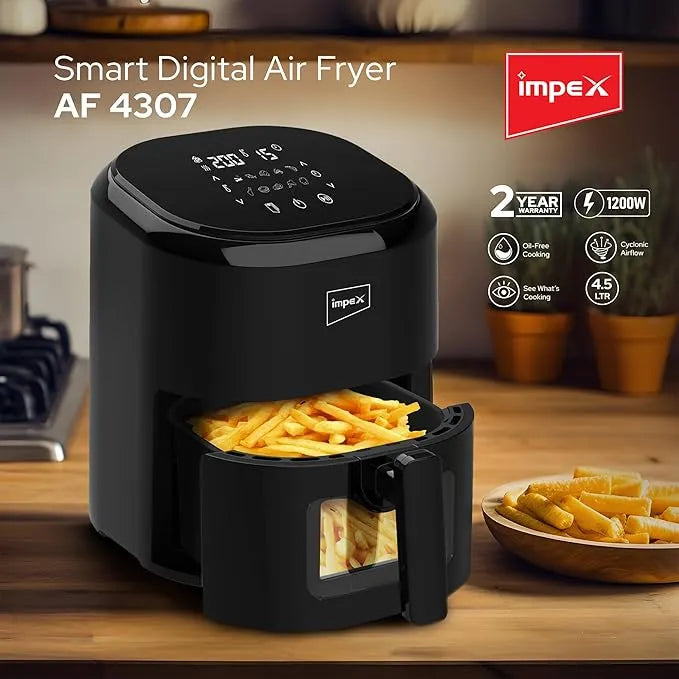 Impex AF 4307 Air Fryer – 4.5L Capacity, 1200W Power, Adjustable Temperature Control, Auto Shut-Off, Non-Stick Basket – Black - Damoo