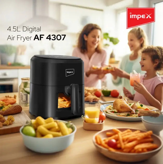 Impex AF 4307 Air Fryer – 4.5L Capacity, 1200W Power, Adjustable Temperature Control, Auto Shut-Off, Non-Stick Basket – Black - Damoo