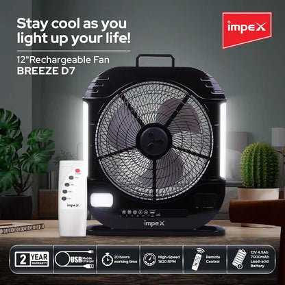 Impex Breeze D7 Rechargeable 3-Blade Fan with LED Light, Remote Control, Solar Charging & Timer – High-Speed 1820 RPM, 20-Hour Battery, Adjustable Speeds, Black - Damoo