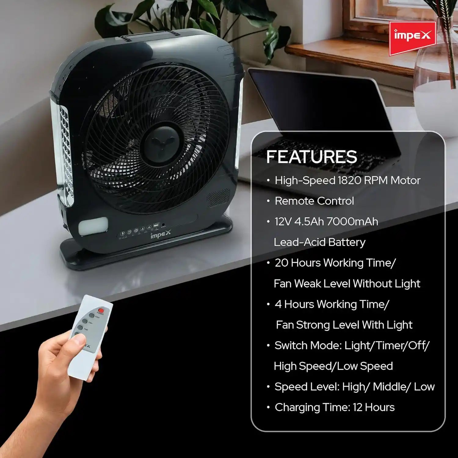 Impex Breeze D7 Rechargeable 3-Blade Fan with LED Light, Remote Control, Solar Charging & Timer – High-Speed 1820 RPM, 20-Hour Battery, Adjustable Speeds, Black - Damoo