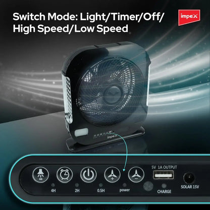 Impex Breeze D7 Rechargeable 3-Blade Fan with LED Light, Remote Control, Solar Charging & Timer – High-Speed 1820 RPM, 20-Hour Battery, Adjustable Speeds, Black - Damoo