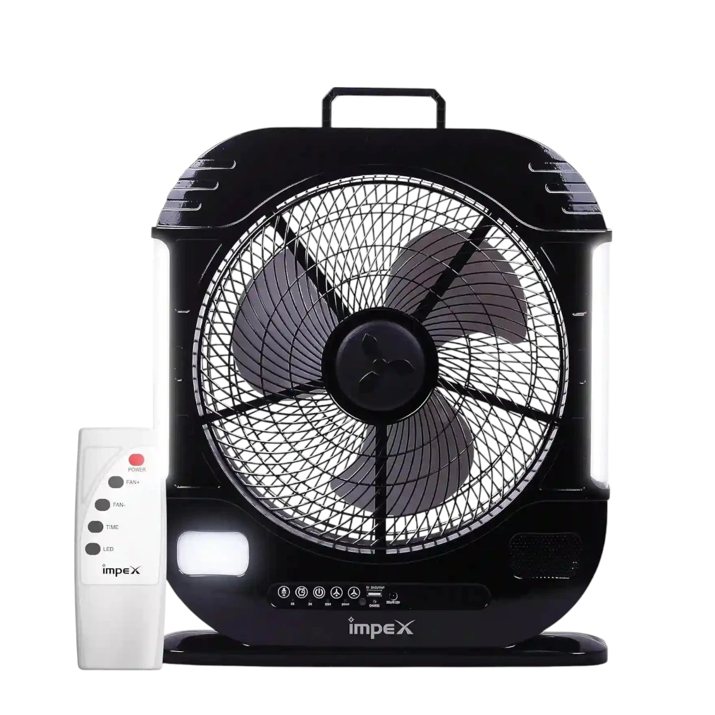 Impex Breeze D7 Rechargeable 3-Blade Fan with LED Light, Remote Control, Solar Charging & Timer – High-Speed 1820 RPM, 20-Hour Battery, Adjustable Speeds, Black - Damoo