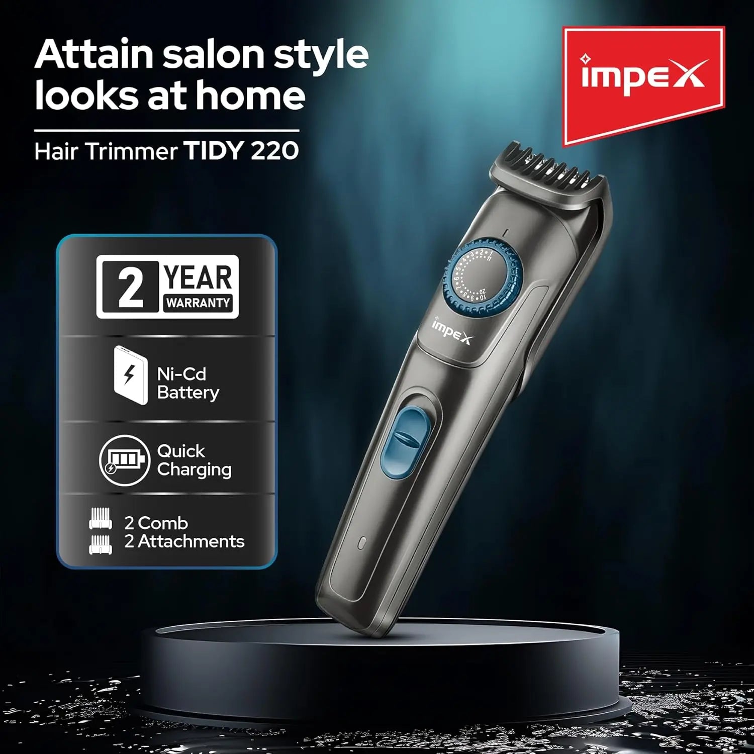 Impex Cordless Rechargeable Hair Trimmer for Men – 800mAh Battery, 3W Motor, 50-Min Runtime, USB Charging, 2 Comb Attachments, Beard & Hair Shaver – Black Tidy-220 - Damoo