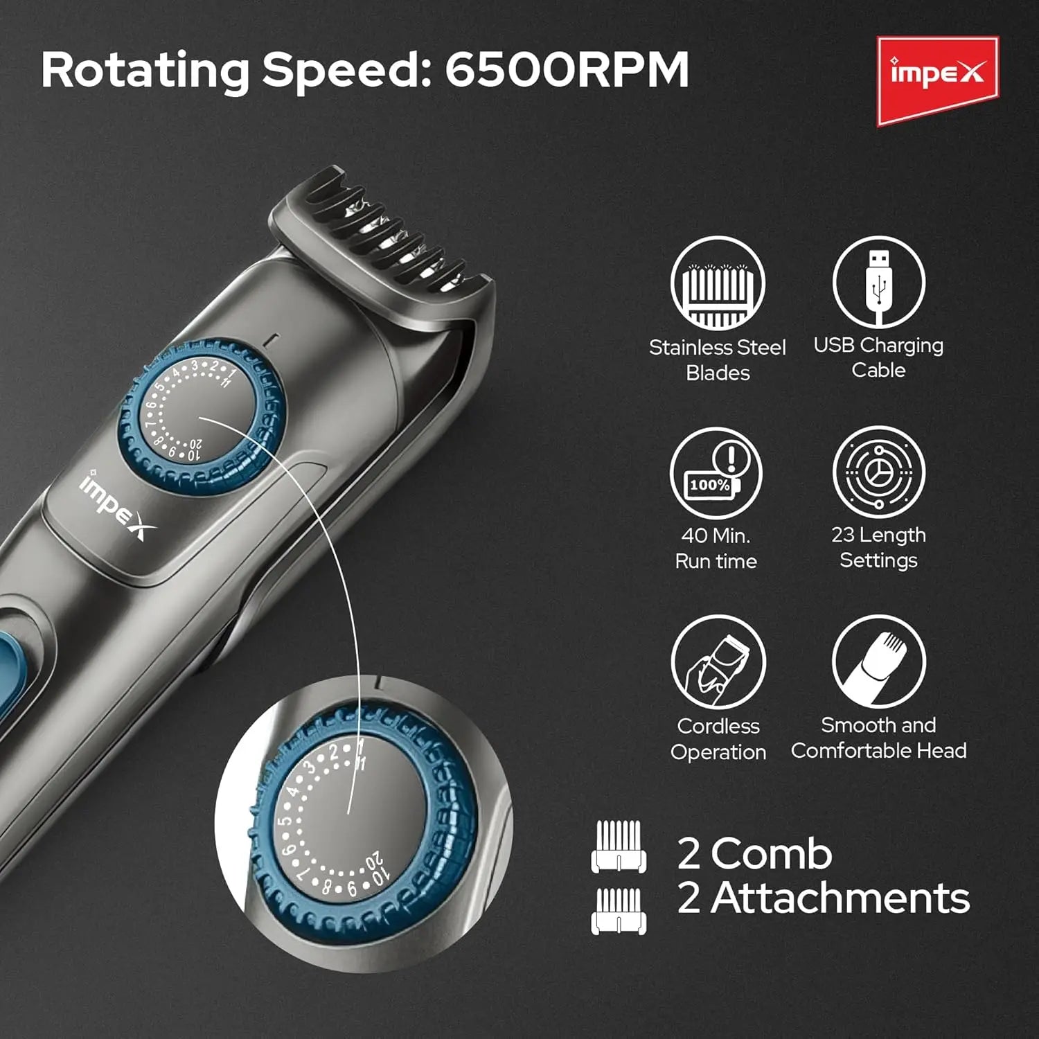 Impex Cordless Rechargeable Hair Trimmer for Men – 800mAh Battery, 3W Motor, 50-Min Runtime, USB Charging, 2 Comb Attachments, Beard & Hair Shaver – Black Tidy-220 - Damoo
