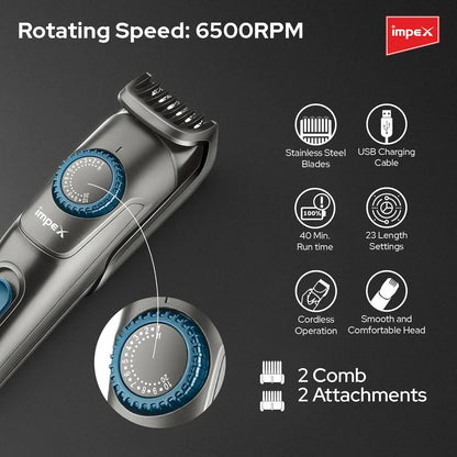 Impex Cordless Rechargeable Hair Trimmer for Men – 800mAh Battery, 3W Motor, 50-Min Runtime, USB Charging, 2 Comb Attachments, Beard & Hair Shaver – Black Tidy-220 - Damoo