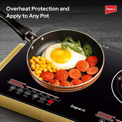 IMPEX Double Infrared Cooktop – 2800W Dual Burner Electric Stove with Touch Sensor, 4-Digit LED Display, 5 Cooking Modes, 8 Power Levels, 4-Hour Timer & Overheat Protection – Black - Damoo