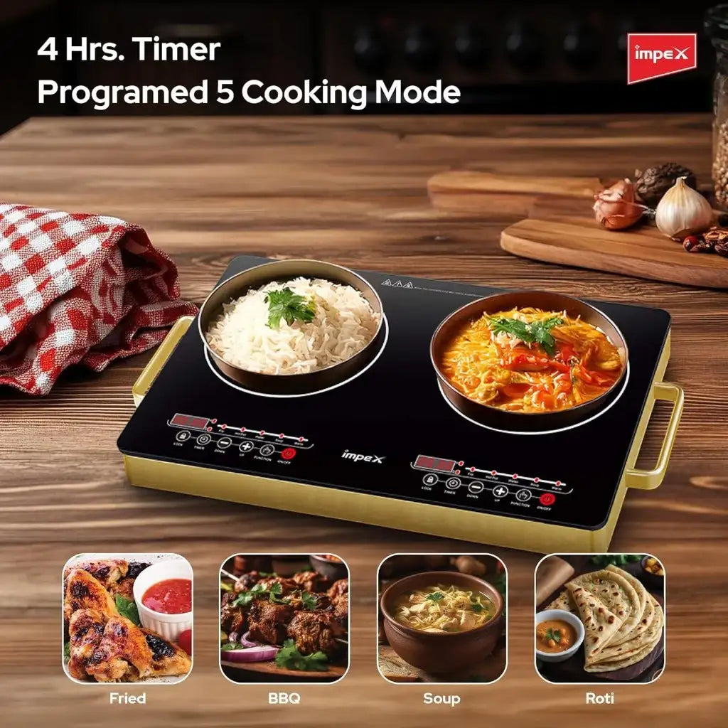 IMPEX Double Infrared Cooktop – 2800W Dual Burner Electric Stove with Touch Sensor, 4-Digit LED Display, 5 Cooking Modes, 8 Power Levels, 4-Hour Timer & Overheat Protection – Black - Damoo