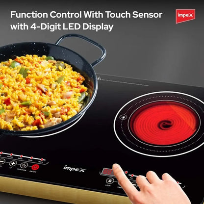 IMPEX Double Infrared Cooktop – 2800W Dual Burner Electric Stove with Touch Sensor, 4-Digit LED Display, 5 Cooking Modes, 8 Power Levels, 4-Hour Timer & Overheat Protection – Black - Damoo