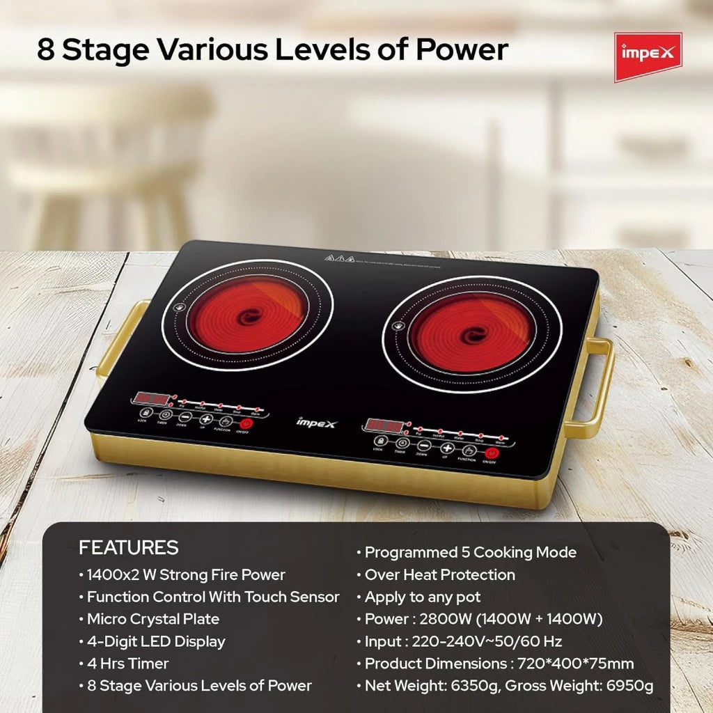 IMPEX Double Infrared Cooktop – 2800W Dual Burner Electric Stove with Touch Sensor, 4-Digit LED Display, 5 Cooking Modes, 8 Power Levels, 4-Hour Timer & Overheat Protection – Black - Damoo