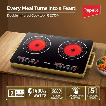 IMPEX Double Infrared Cooktop – 2800W Dual Burner Electric Stove with Touch Sensor, 4-Digit LED Display, 5 Cooking Modes, 8 Power Levels, 4-Hour Timer & Overheat Protection – Black - Damoo
