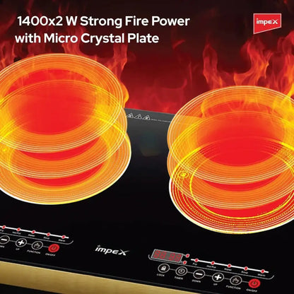 IMPEX Double Infrared Cooktop – 2800W Dual Burner Electric Stove with Touch Sensor, 4-Digit LED Display, 5 Cooking Modes, 8 Power Levels, 4-Hour Timer & Overheat Protection – Black - Damoo