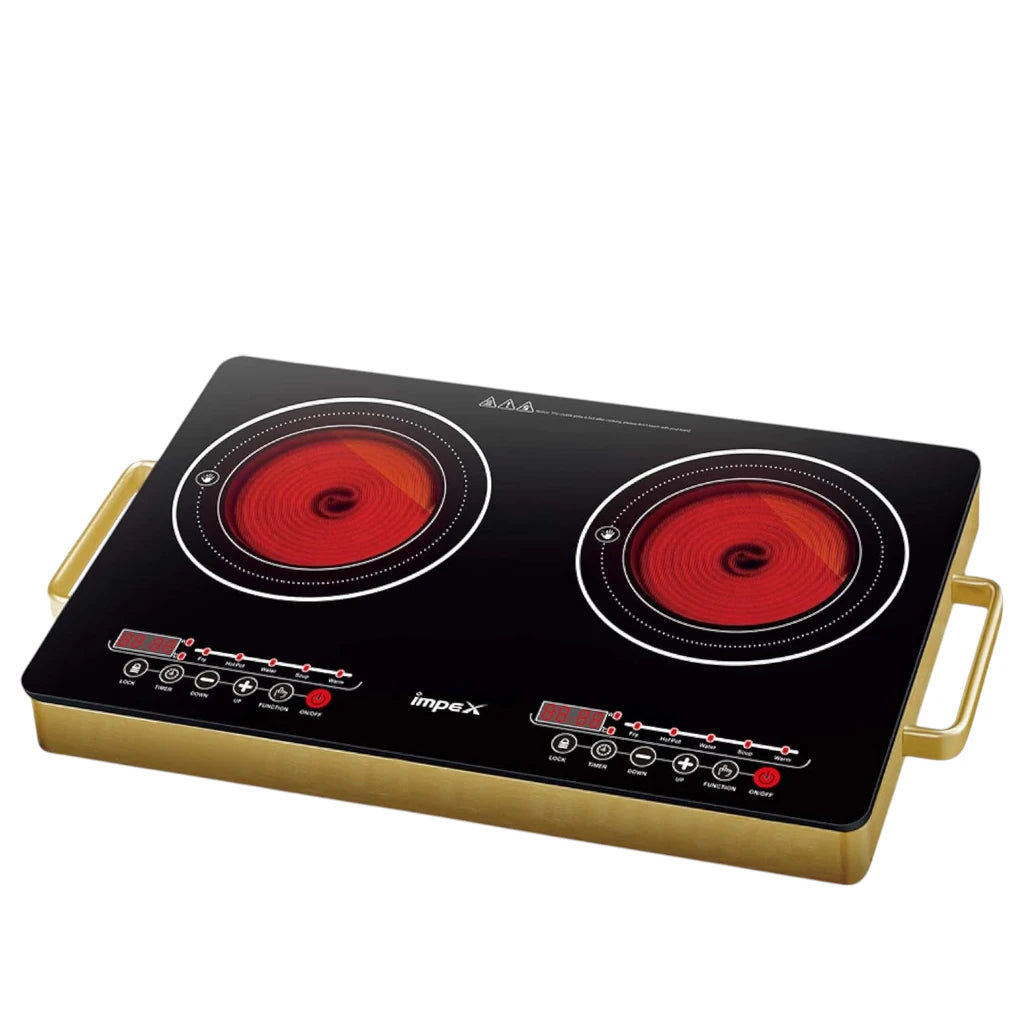 IMPEX Double Infrared Cooktop – 2800W Dual Burner Electric Stove with Touch Sensor, 4-Digit LED Display, 5 Cooking Modes, 8 Power Levels, 4-Hour Timer & Overheat Protection – Black - Damoo