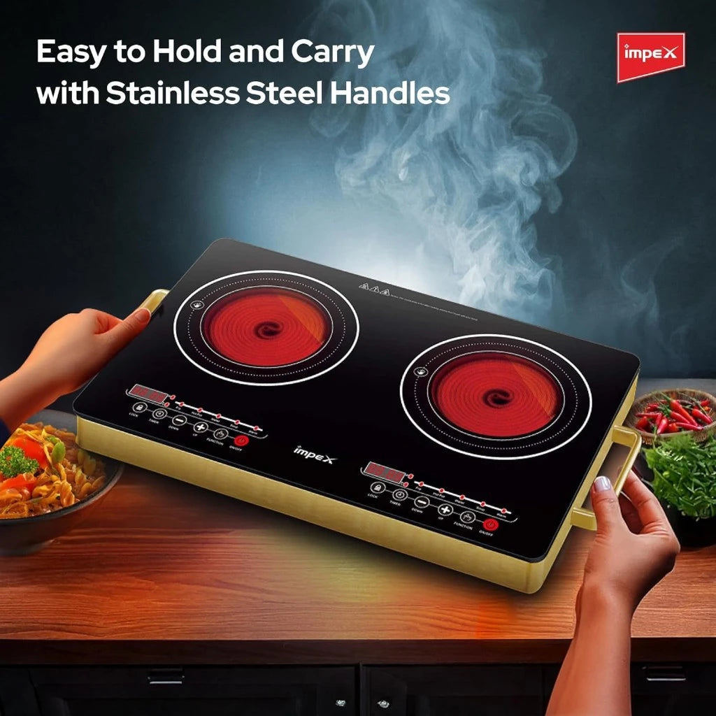 IMPEX Double Infrared Cooktop – 2800W Dual Burner Electric Stove with Touch Sensor, 4-Digit LED Display, 5 Cooking Modes, 8 Power Levels, 4-Hour Timer & Overheat Protection – Black - Damoo
