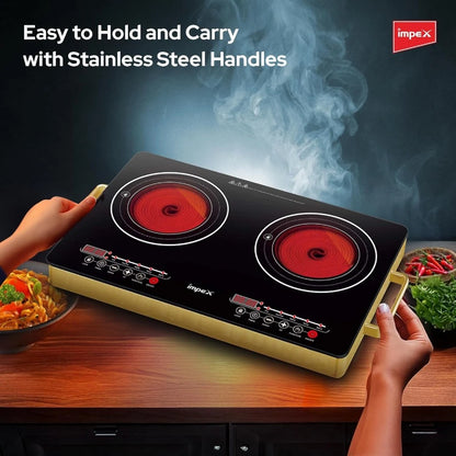 IMPEX Double Infrared Cooktop – 2800W Dual Burner Electric Stove with Touch Sensor, 4-Digit LED Display, 5 Cooking Modes, 8 Power Levels, 4-Hour Timer & Overheat Protection – Black - Damoo