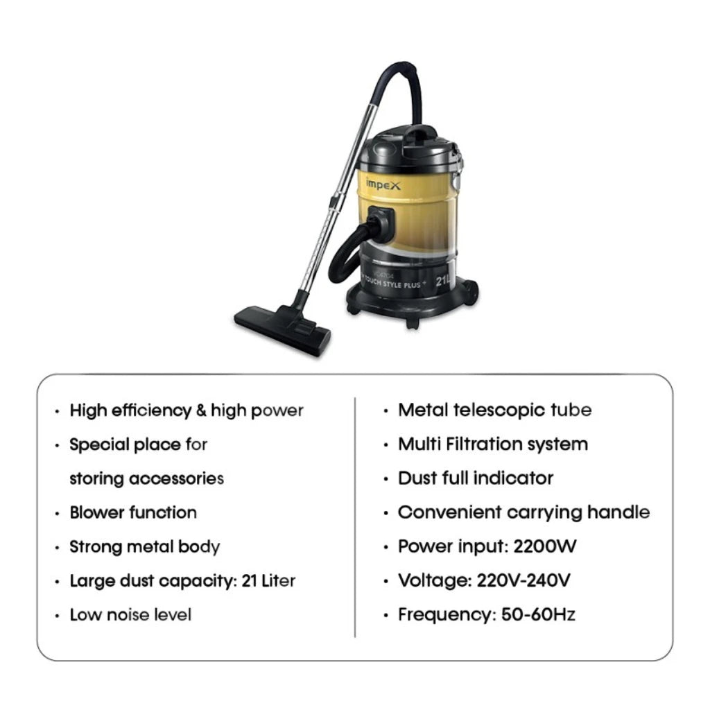 Impex Drum Vacuum Cleaner 21L – 2200W Powerful Suction | Low Noise, Dust Indicator & 5m Cord | Ideal for Home, Office & Mosque Cleaning - Damoo