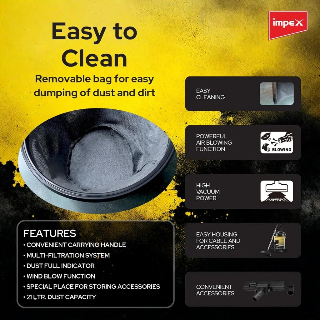 Impex Drum Vacuum Cleaner 21L – 2200W Powerful Suction | Low Noise, Dust Indicator & 5m Cord | Ideal for Home, Office & Mosque Cleaning - Damoo