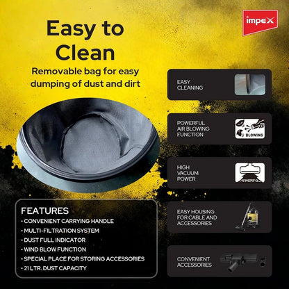 Impex Drum Vacuum Cleaner 21L – 2200W Powerful Suction | Low Noise, Dust Indicator & 5m Cord | Ideal for Home, Office & Mosque Cleaning - Damoo