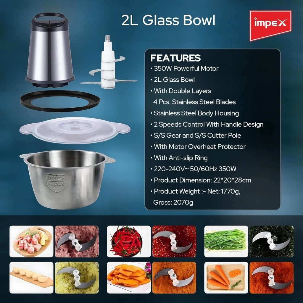 Impex Electric Food Chopper – 2L Glass Bowl, 350W Motor, Dual Speed Control, 4 Stainless Steel Blades, Overheat Protection, Anti-Slip Base  – Silver – FC 3202 - Damoo