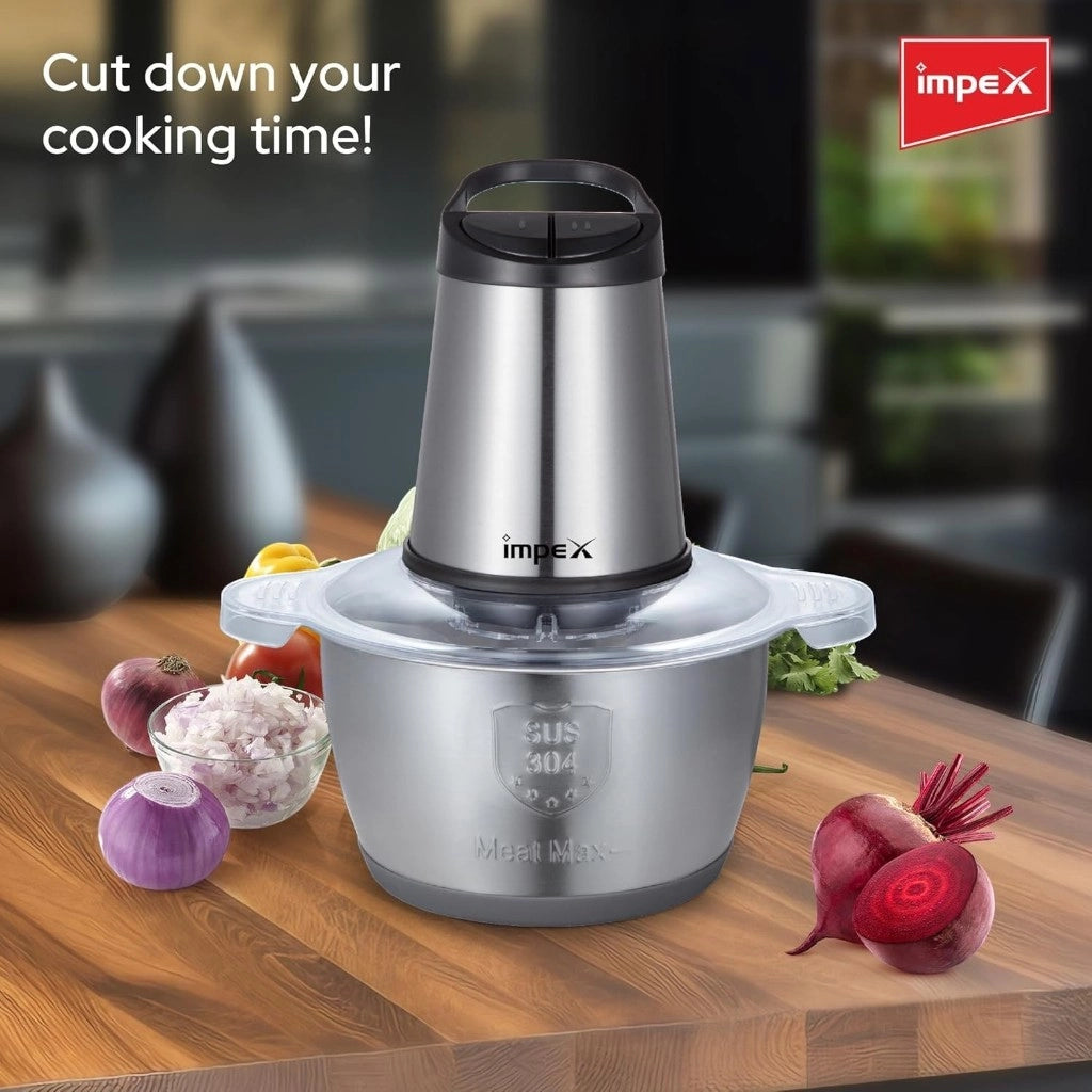Impex Electric Food Chopper – 2L Glass Bowl, 350W Motor, Dual Speed Control, 4 Stainless Steel Blades, Overheat Protection, Anti-Slip Base  – Silver – FC 3202 - Damoo
