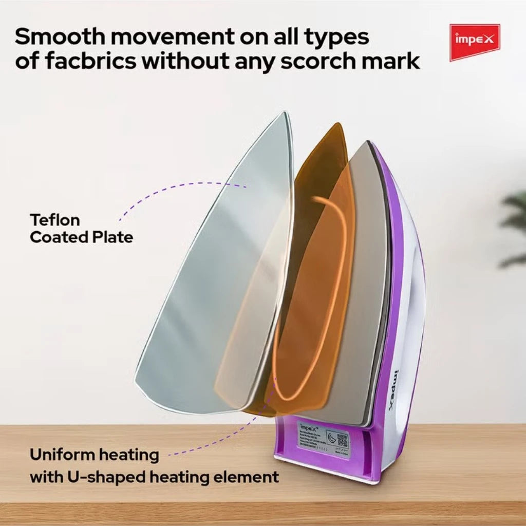 Impex Electric Handheld Dry Iron Box with Non-Stick Teflon Soleplate, 1300W , 5 Temperature Settings, Overheat Protection, Shockproof Body & 180° Swivel Cord – IBD 501 - Damoo