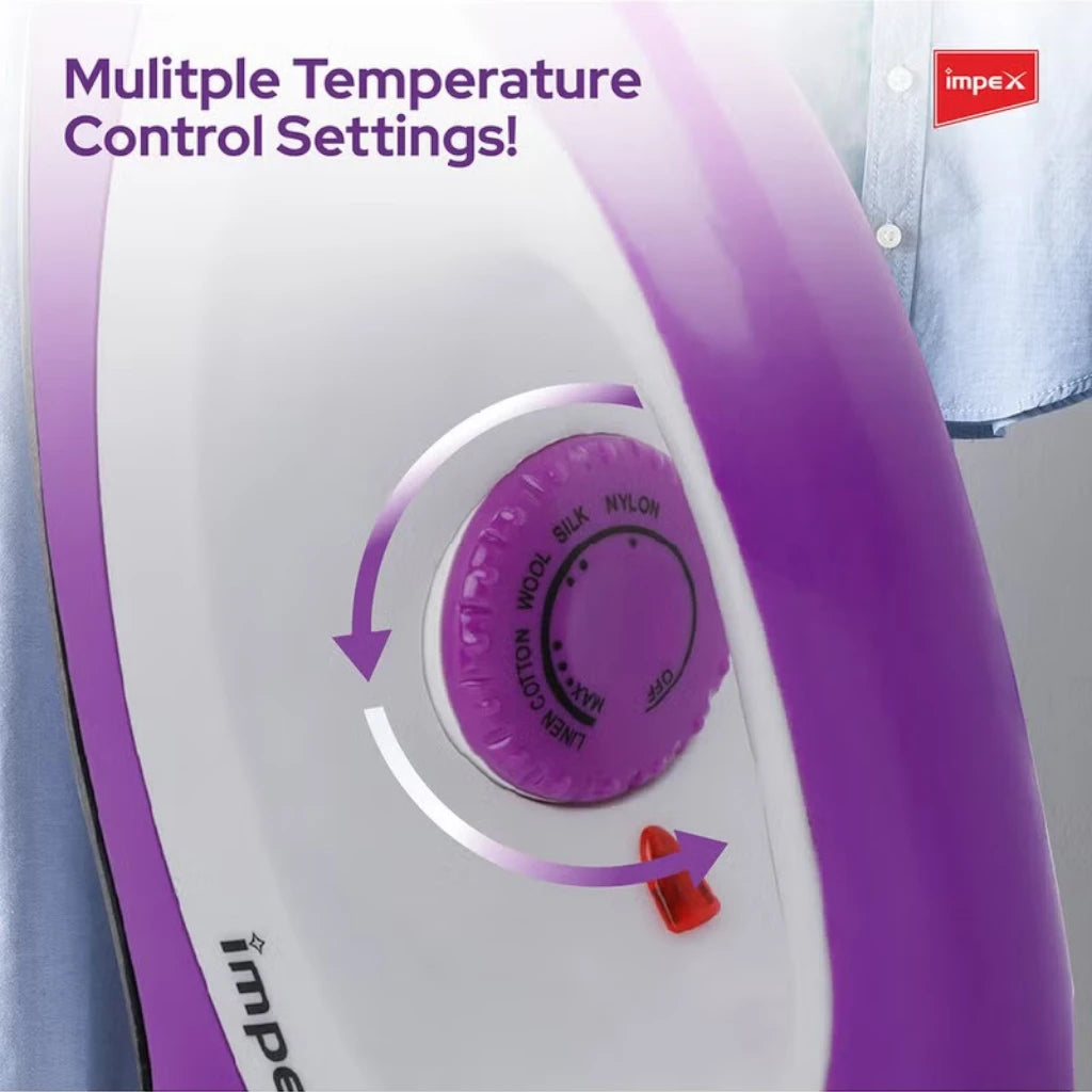 Impex Electric Handheld Dry Iron Box with Non-Stick Teflon Soleplate, 1300W , 5 Temperature Settings, Overheat Protection, Shockproof Body & 180° Swivel Cord – IBD 501 - Damoo