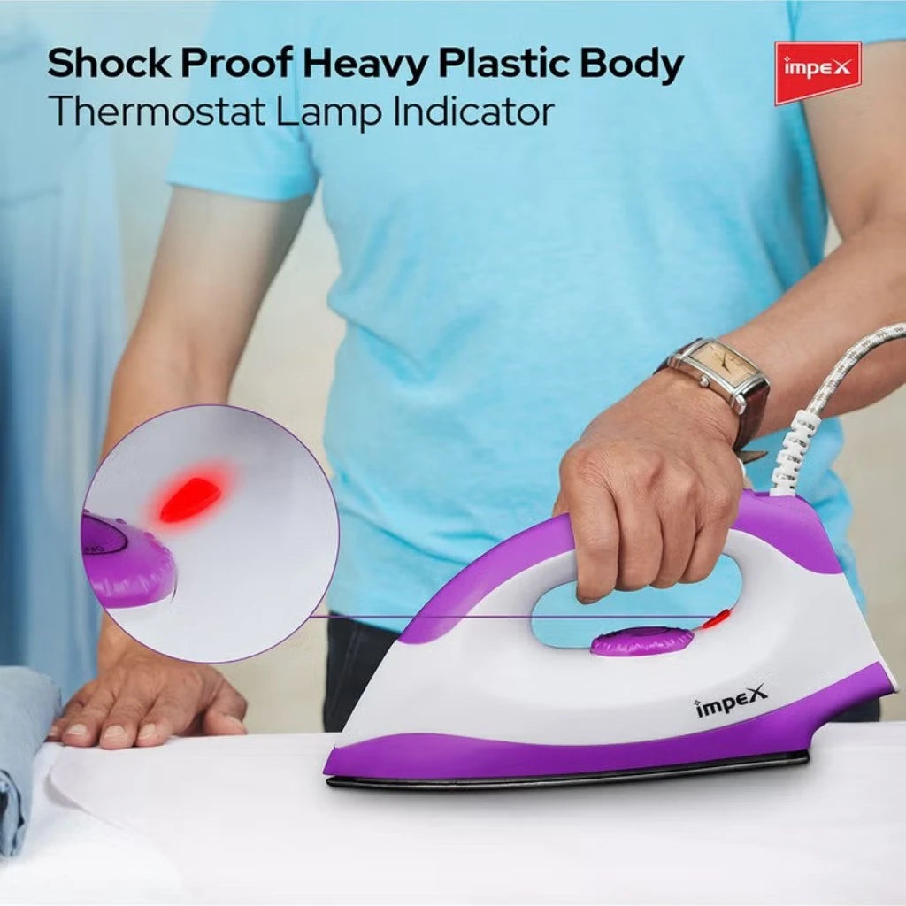 Impex Electric Handheld Dry Iron Box with Non-Stick Teflon Soleplate, 1300W , 5 Temperature Settings, Overheat Protection, Shockproof Body & 180° Swivel Cord – IBD 501 - Damoo