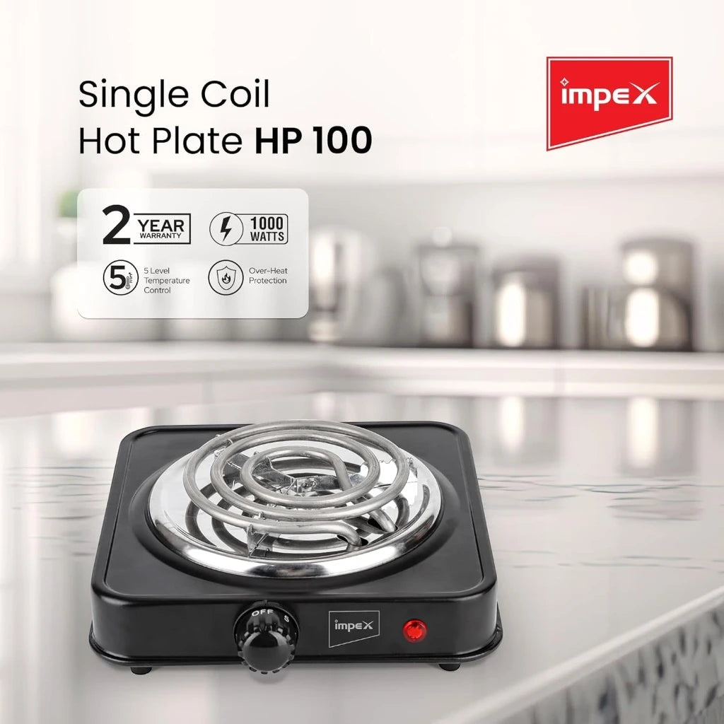 Impex Electric Hotplate – 1000W Single Coil Burner | Portable Stove with 5-Level Temperature Control, Overheat Protection & Durable Metal Body -  HP 100 - Damoo