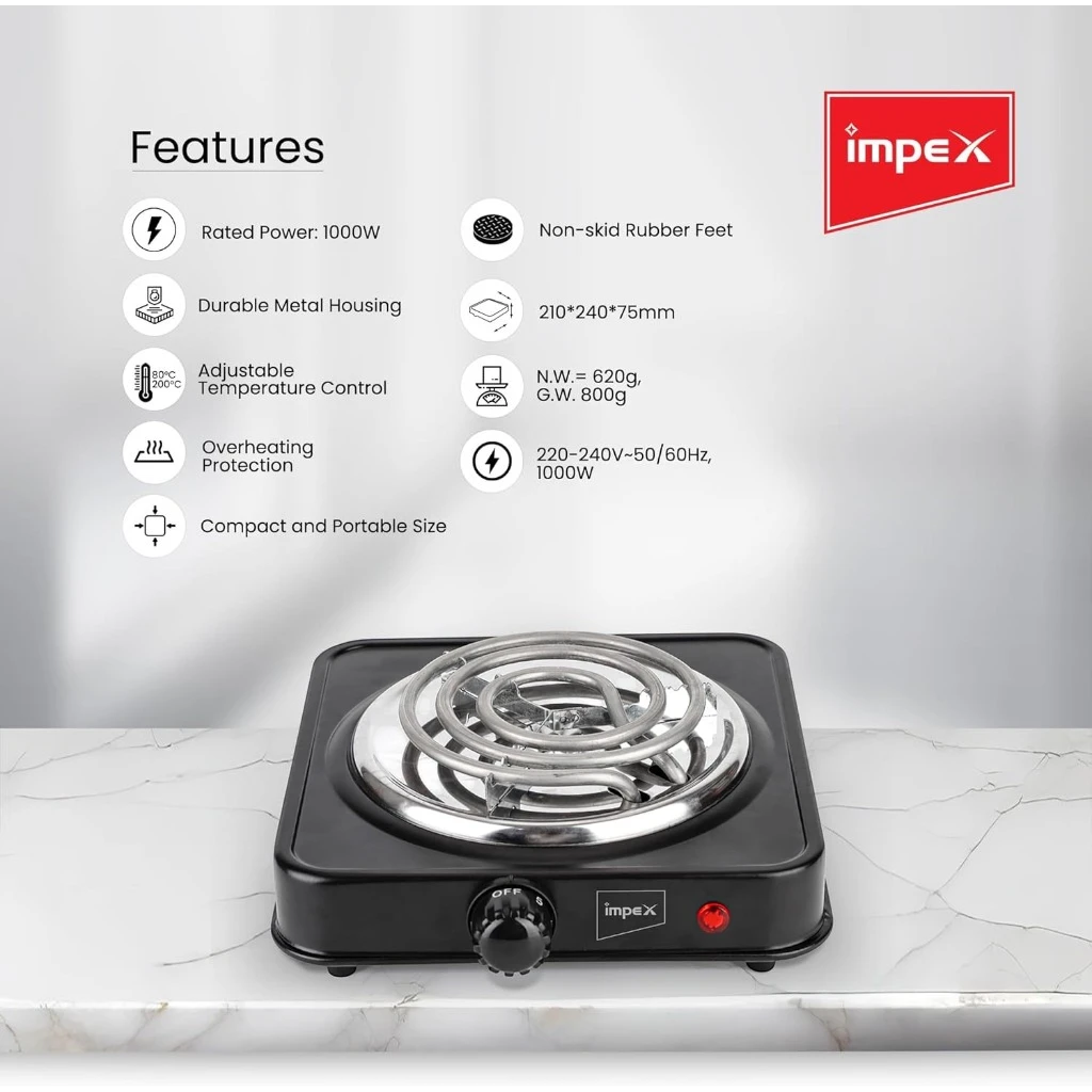 Impex Electric Hotplate – 1000W Single Coil Burner | Portable Stove with 5-Level Temperature Control, Overheat Protection & Durable Metal Body -  HP 100 - Damoo