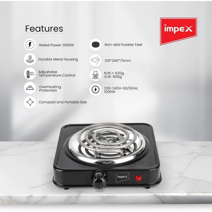Impex Electric Hotplate – 1000W Single Coil Burner | Portable Stove with 5-Level Temperature Control, Overheat Protection & Durable Metal Body -  HP 100 - Damoo