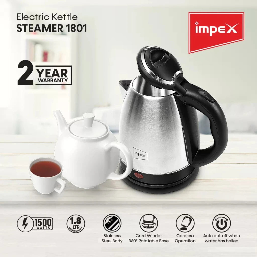 Impex Electric Kettle – 1.8L Stainless Steel Cordless Kettle with Triple Thermostat, Boil-Dry Protection, 360° Swivel Base, Auto Shut-Off & Heat-Resistant Handle – 1500W – Silver | STEAMER-1801 - Damoo