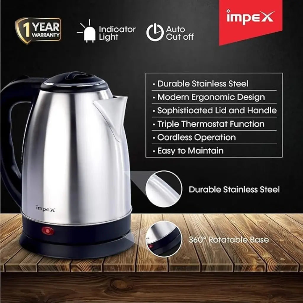 Impex Electric Kettle – 1.8L Stainless Steel Cordless Kettle with Triple Thermostat, Boil-Dry Protection, 360° Swivel Base, Auto Shut-Off & Heat-Resistant Handle – 1500W – Silver | STEAMER-1801 - Damoo