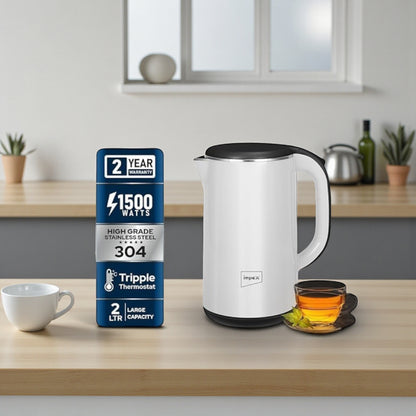 Impex 2.0L Double Layer Electric Kettle (Steamer 2002) – 1500W 304 Stainless Steel Kettle with Seamless Inner Body, FADA Double Controller, 360° Cordless Base, Auto Shut-Off & Indicator Light – Blue - Damoo