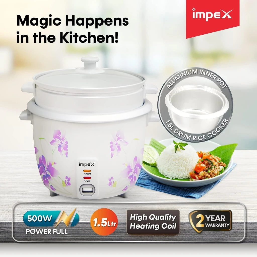 Impex Electric Rice Cooker – 1.5 Litre, 500W, Aluminium Inner Pot, Auto Cooking & Keep Warm, Safety Protection, Glass Lid – White -  RC 2802 - Damoo