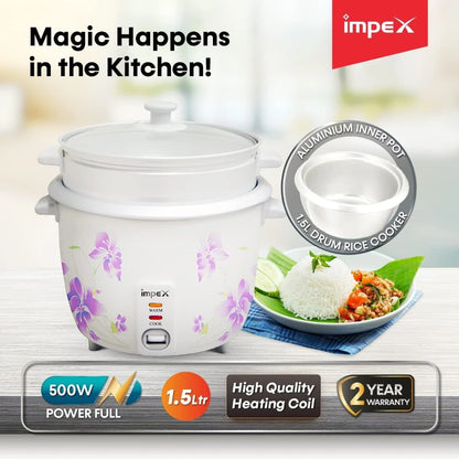 Impex Electric Rice Cooker – 1.5 Litre, 500W, Aluminium Inner Pot, Auto Cooking & Keep Warm, Safety Protection, Glass Lid – White -  RC 2802 - Damoo