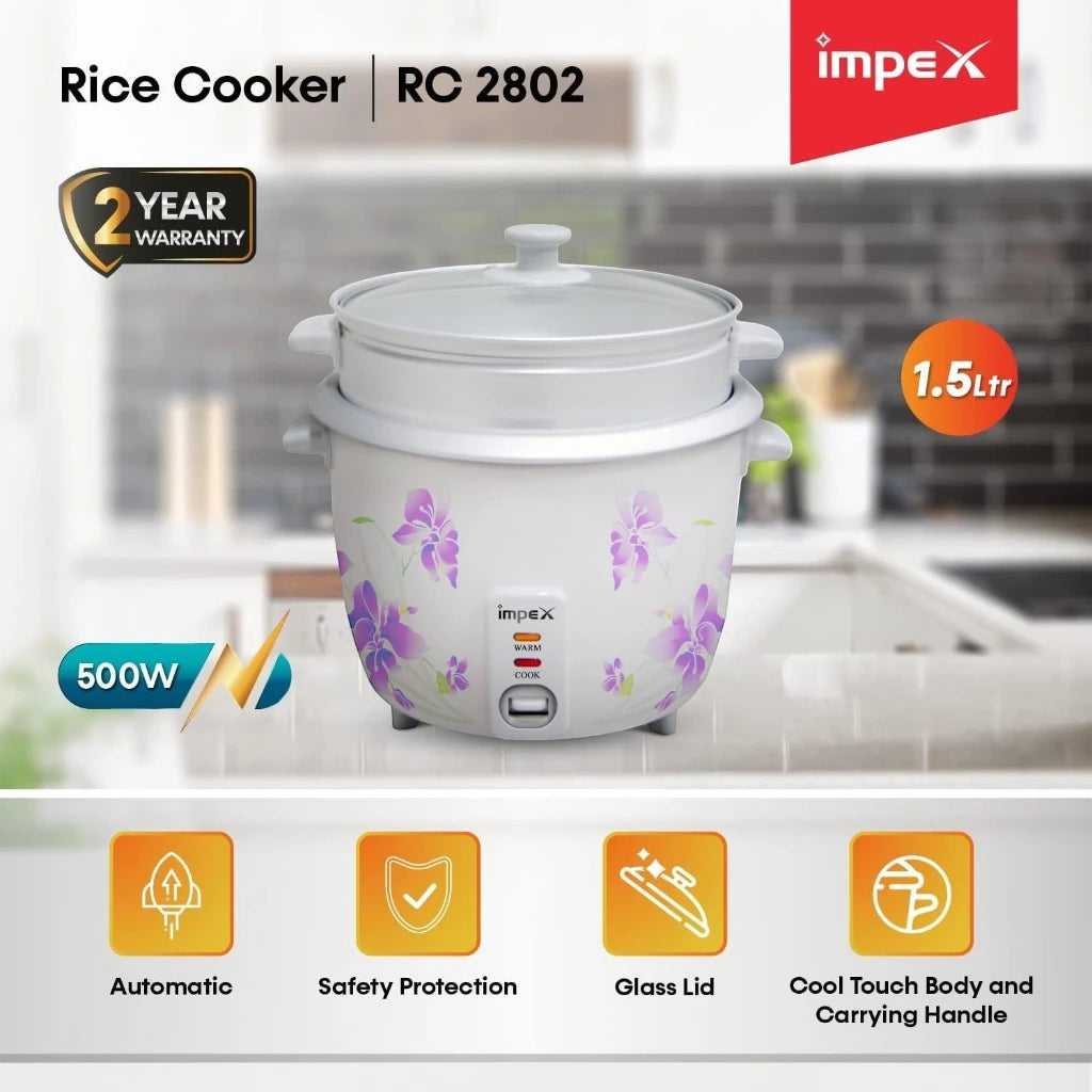 Impex Electric Rice Cooker – 1.5 Litre, 500W, Aluminium Inner Pot, Auto Cooking & Keep Warm, Safety Protection, Glass Lid – White -  RC 2802 - Damoo