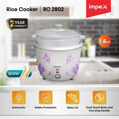 Impex Electric Rice Cooker – 1.5 Litre, 500W, Aluminium Inner Pot, Auto Cooking & Keep Warm, Safety Protection, Glass Lid – White -  RC 2802 - Damoo