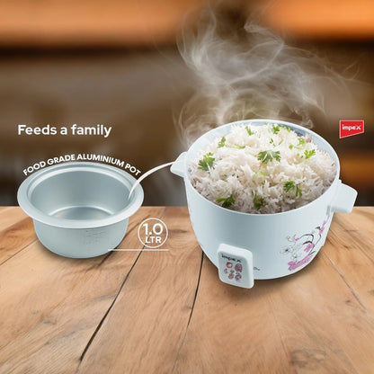 Impex Electric Rice Cooker – 1.5 Litre, 500W, Aluminium Inner Pot, Auto Cooking & Keep Warm, Safety Protection, Glass Lid – White -  RC 2802 - Damoo