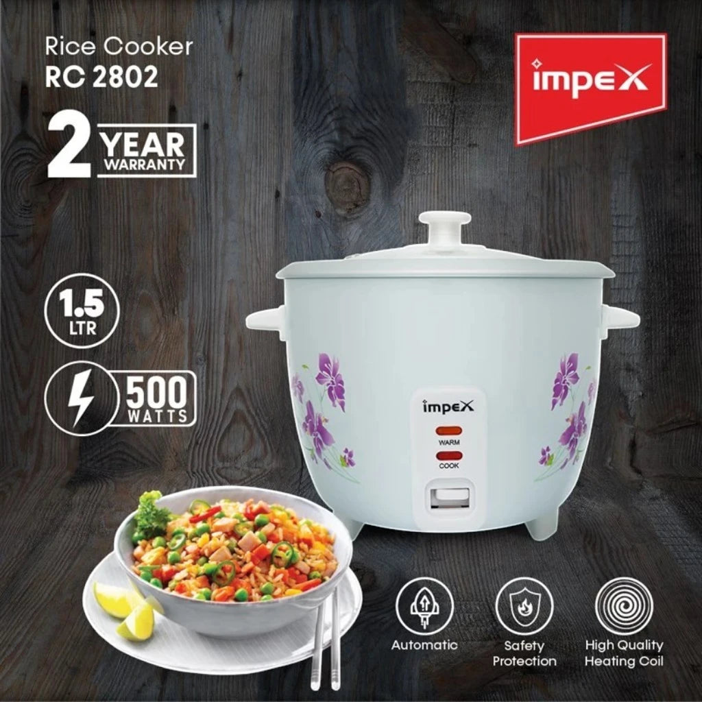 Impex Electric Rice Cooker – 1.5 Litre, 500W, Aluminium Inner Pot, Auto Cooking & Keep Warm, Safety Protection, Glass Lid – White -  RC 2802 - Damoo