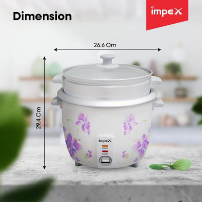Impex Electric Rice Cooker – 1.5 Litre, 500W, Aluminium Inner Pot, Auto Cooking & Keep Warm, Safety Protection, Glass Lid – White -  RC 2802 - Damoo