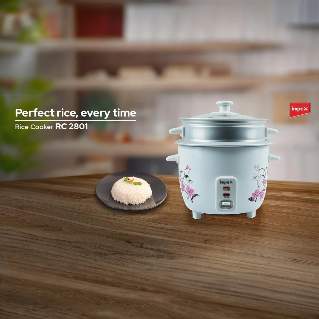 Impex Electric Rice Cooker – 1.5 Litre, 500W, Aluminium Inner Pot, Auto Cooking & Keep Warm, Safety Protection, Glass Lid – White -  RC 2802 - Damoo