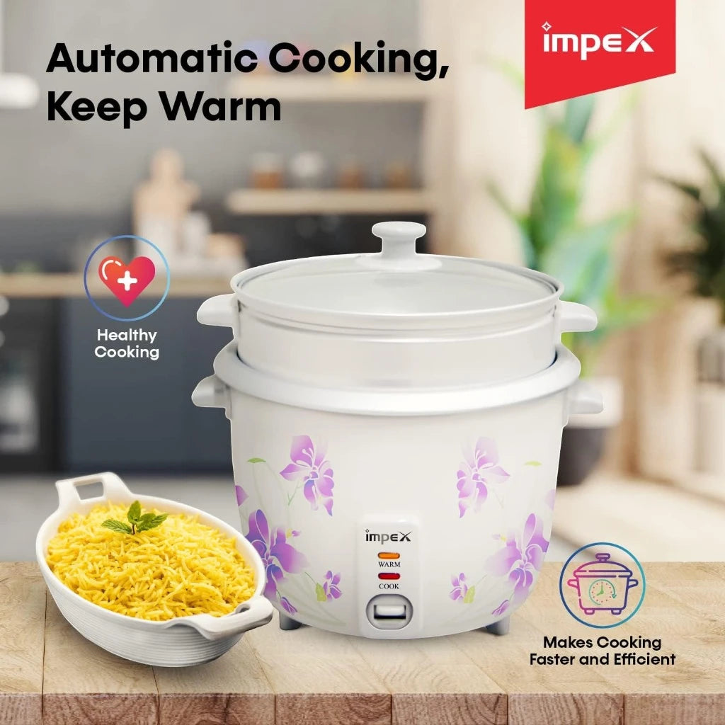 Impex Electric Rice Cooker – 1.5 Litre, 500W, Aluminium Inner Pot, Auto Cooking & Keep Warm, Safety Protection, Glass Lid – White -  RC 2802 - Damoo